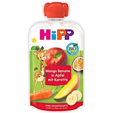Hipp Organic Забавна закуска с манго, банан, ябълка и морков 4М+ 100 г