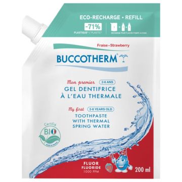 BUCCOTHERM Mon Premier Био детски гел за зъби с аромат на ягоди 2-6 години, с флуор 200 мл Пълнител