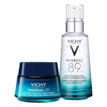 Vichy MINERAL 89 Възстановяваща нощна грижа за дълбока хидратация на всички типове кожа (гел бустер и нощен крем)