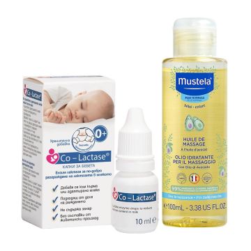 Mustela Овлажняващо масажно олио за бебета и деца 100 мл + Co-Lactase капки за бебета при колики 10 мл Maxima Healthcare Комплект