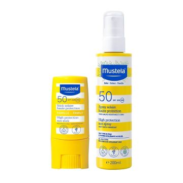 Mustela Слънцезащитен спрей за лице и тяло за бебета и деца SPF50 200 мл + Слънцезащитен стик SPF50 9 мл
