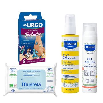 Mustela Слънцезащитен спрей SPF50 + Арника гел с био невен + Мокри кърпи + Urgo Tattoo Fantastic Пластири за деца Комплект