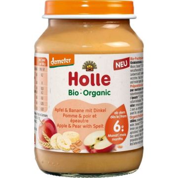 Holle Био плодово пюре ябълка, банан и спелта 6М+ 190 гр