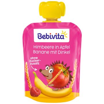 Bebivita Плодов пауч ябълка, банан, малини и спелта 12М+ 90 г