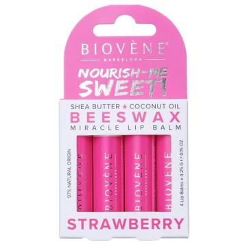 Biovene Балсам за устни с пчелен восък и ягода за неустоим вкус и грижа х 4 броя