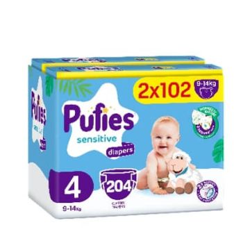 Pufies Sensitive 4 Maxi Бебешки Пелени 9-14 кг 2 х 102 бр Комплект