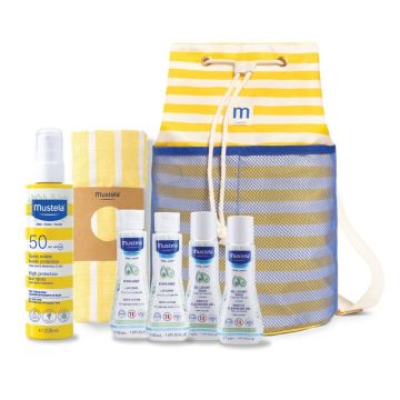 Mustela Слънцезащита за цялото семейство Спрей SPF50 200 мл + Hydra Bebe лосион 2 бр 50 мл + Нежен измиващ гел 2бр 50 мл + Раница + Кърпа Комплект