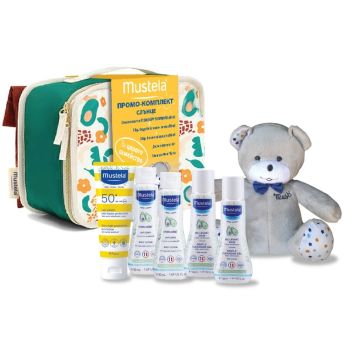 Mustela Промо комплект Слънце Спрей SPF50 40 мл + Hydra Bebe лосион 2 бр 50 мл + Нежен измиващ гел 2бр 50 мл + Двоен несесер за път+ Плюшено мече Мусти