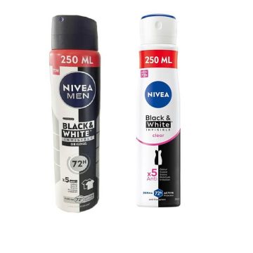 Nivea Men Black & White Invisible Original Дезодорант спрей против изпотяване за мъже 250 мл + Nivea Black & White Invisible Clear Дезодорант спрей против изпотяване за жени 250 мл Комплект