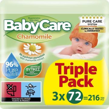 Baby Care Chamomile Бебешки мокри кърпи с екстракт от лайка 3 x 72 бр Комплект
