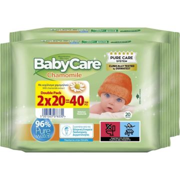 Baby Care Chamomile Бебешки мокри кърпи с екстракт от лайка 2 x 20 бр Комплект