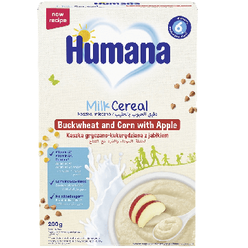  Humana Млечно-зърнена каша с елда, царевица и ябълка 6М+ 200 гр