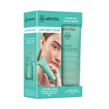 Apivita Just Bee Clear Хидратиращ матиращ крем 40 мл + Почистващ гел за лице 200 мл Комплект
