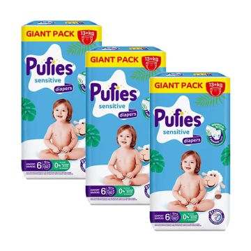 Пелени Pufies GP Sensitive размер 6 Extra Large 13+ кг 62 бр х 3 пакета Комплект