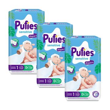 Пелени Pufies Sensitive 1 Newborn 2-5 кг 43 бр х 3 пакета Комплект