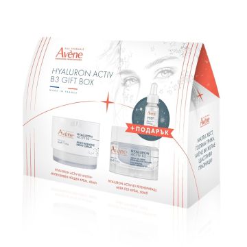 BOX Avene Hyaluron Activ B3 Мулти-интензивен нощен крем за лице 40 мл + Регенериращ аква гел-крем 50 мл + Серум концентрат за лице с изпълващо действие 10 мл + Avene SUN Слънцезащитен анти ейдж флуид SPF50 5 мл Комплект
