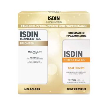 ISDIN Isdinceutics Melaclear Серум против хиперпигментации 30 мл + ISDIN FotoUltra 100 Слънцезащитен флуид против пигментни петна SPF50+ 50 мл Комплект