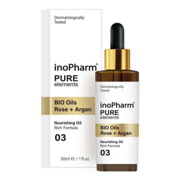 InoPharm Pure Elements Bio rose and argan oils Подхранващо масло за лице и шия с био масла от роза и арган 30 мл