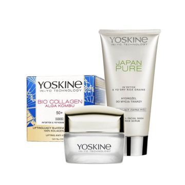 Yoskine Bio-Collagen Дневен крем против бръчки 50+ 50 мл + Yoskine Japan Pure Хидратиращ почистващ гел с ексфолиращи частици 150 мл Комплект