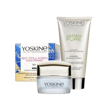 Yoskine Bio-Collagen Нощен крем против бръчки 50+ 50 мл + Yoskine Japan Pure Хидратиращ почистващ гел с ексфолиращи частици 150 мл Комплект