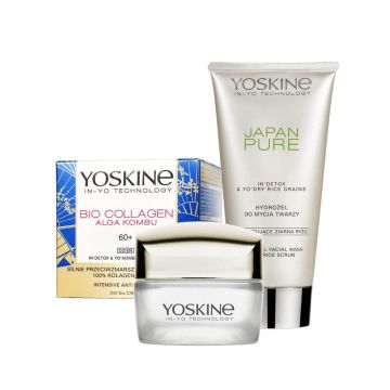 Yoskine Bio-Collagen Дневен крем против бръчки 60+ 50 мл + Yoskine Japan Pure Хидратиращ почистващ гел с ексфолиращи частици 150 мл Комплект