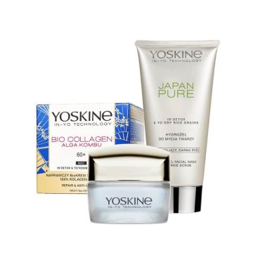 Yoskine Bio-Collagen Нощен крем против бръчки 60+ 50 мл + Yoskine Japan Pure Хидратиращ почистващ гел с ексфолиращи частици 150 мл Комплект