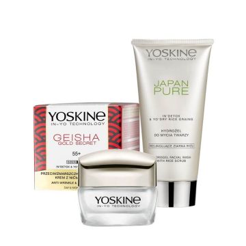Yoskine Geisha Регенериращ дневен и нощен крем против бръчки 55+ 50 мл + Yoskine Japan Pure Хидратиращ почистващ гел с ексфолиращи частици 150 мл Комплект