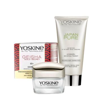 Yoskine Geisha Изглаждащ дневен и нощен крем против бръчки 65+ 50 мл + Yoskine Japan Pure Хидратиращ почистващ гел с ексфолиращи частици 150 мл Комплект