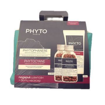 Phyto Phytophanere Хранителна добавка за коса и нокти 2x120 капсули + Phyto Phytocyane Шампоан против косопад за жени мини 100 мл + несесер Комплект