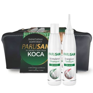 Parusan Стимулиращ шампоан за коса за жени 200 мл + Енергезиращ тоник за коса против косопад за жени 200 мл + несесер Комплект