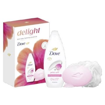 Dove Petal Soft Хидратиращ душ гел 250 мл + Dove Pink Успокояващ крем-сапун за ръце, лице и тяло 90 г + Подарък: гъба за баня Комплект