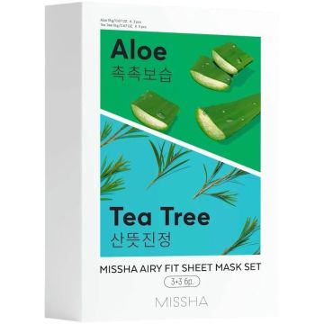 Missha Air Fit Хидратираща шийт маска за лице с алое 3 бр + Missha Air Fit Успокояваща шийт маска за лице с екстракт от чаено дърво 3 бр Комплект