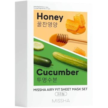 Missha Air Fit Озаряваща шийт маска за лице с мед 3 бр + Missha Air Fit Хидратираща шийт маска за лице с краставица 3 бр Комплект