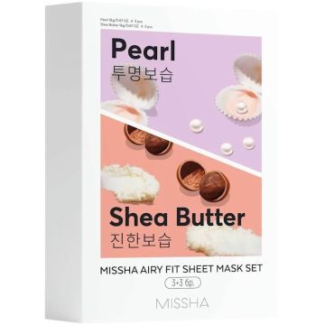 Missha Air Fit Озаряваща шийт маска за лице с перлен екстракт 3 бр + Missha Air Fit Хидратираща шийт маска за лице с масло от ший 3 бр Комплект