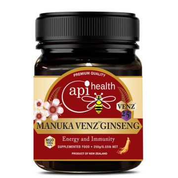 Manuka VENZ Ginseng Многоцветен пчелен мед от манука MGO 100+ с женшен и пчелна отрова 250 г Api Health