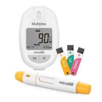 Microlife Multiplex Система за мултимониторинг на кръвна захар, общ холестерол и пикочна киселина + тест ленти (глюкоза 25 бр, холестерол 2 бр, пикочна киселина 5 бр)  Комплект