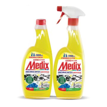 Medix Multi action Универсален обезмаслител с помпа - цитрус 500 мл + Medix Multi action Citrus universal Универсален обезмаслител пълнител - цитрус 500 мл Комплект