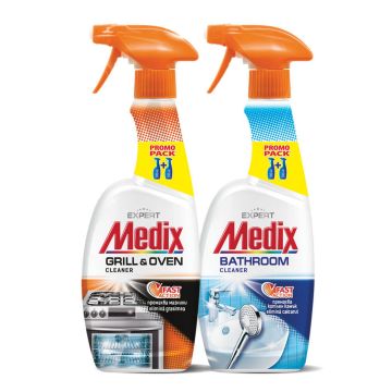 Medix Grill & Oven Активна пяна почистващ препарат за фурни и загорели мазнини 500 мл + Medix Faience Активна пяна почистващ препарат за фаянс и хромирани повърхности 500 мл Комплект