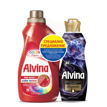 Alvina Color Elegance Перилен препрат за цветни тъкани 1750 мл + Alvina Deluxe Perfume Intense Magnetic Омекотител за тъкани 880 мл Комплект