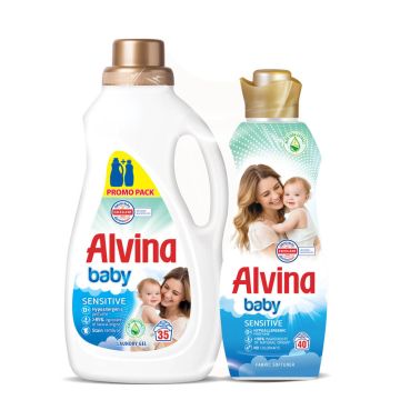 Alvina Baby Aloe Vera Перилен препарат за бебешки дрехи 1575 мл + Alvina Baby Sensitive Омекотител за чувствителна кожа 880 мл Комплект