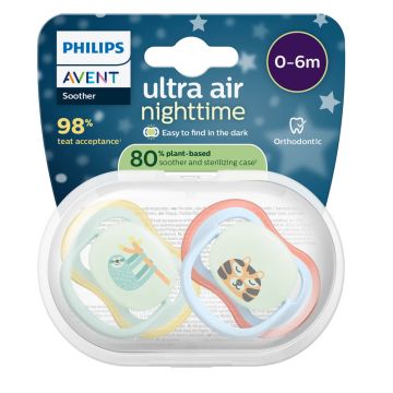 Avent Ultra Air Ортодонтична залъгалка нощна ленивец 0-6М x 2 броя
