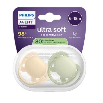 Avent Ultra Soft Ортодонтична залъгалка оранжево/зелено 6-18М x 2 броя