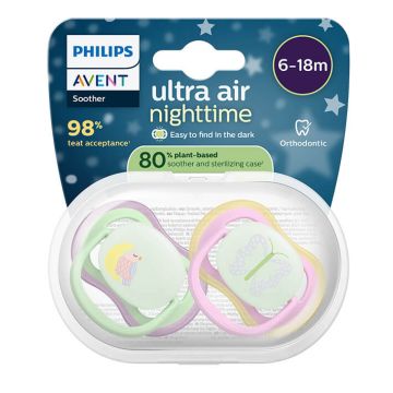 Avent Ultra Air Ортодонтична залъгалка нощна животни момиче 6-18М x 2 броя