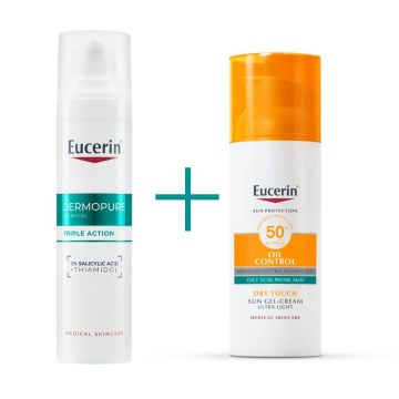 Eucerin DermoPure Clinical Коригиращ флуид с тройно действие 40 мл + Слънцезащитен гел-крем за лице за мазна и акнеична кожа SPF50+ 50 мл Комплект