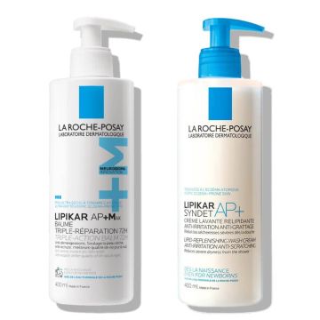 La Roche-Posay Lipikar Baume AP+ Max Балсам за лице и тяло с тройно действие 400 мл + La Roche-Posay Lipikar Syndet AP+ Липидовъзстановяващ измиващ крем за деца и възрастни 400 мл Комплект 