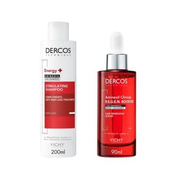 Vichy Dercos Energy+ Стимулиращ шампоан против косопад 200 мл + Vichy Dercos Aminexil Clinical R.E.G.E.N Booster Серум за обновяване на косата 90 мл Комплект