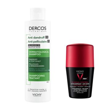 Vichy Dercos Anti-dandruff Шампоан против пърхот за нормален до мазен скалп 200 мл + Vichy Homme Clinical Control Дезодорант рол-он против изпотяване за мъже 96 часа 50 мл Комплект