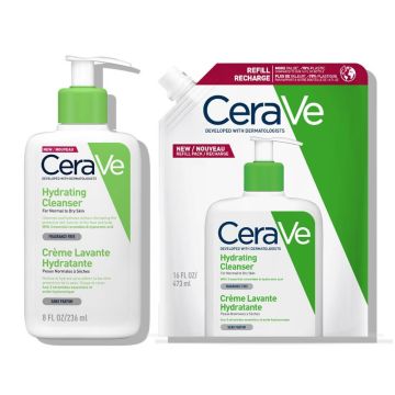 CeraVe Хидратиращ измиващ крем за лице и тяло за нормална до суха кожа 236 мл + CeraVe Хидратиращ измиващ крем за лице и тяло за нормална до суха кожа 473 мл Пълнител Комплект