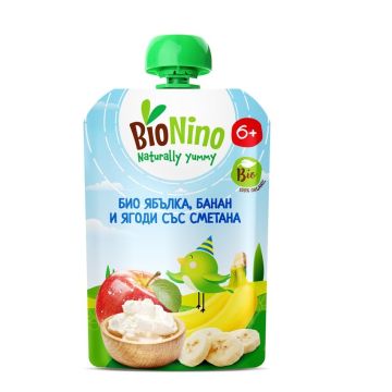 BioNino Био Плодова закуска ябълка, банан и ягоди със сметана 6М+ 90 г