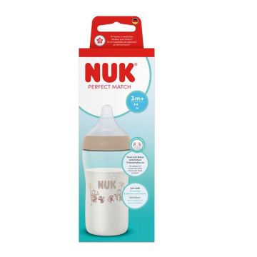 Nuk Perfect Match Temperature Control PP Шише със силиконов биберон M 3М+ Маймуна бежова 260 мл